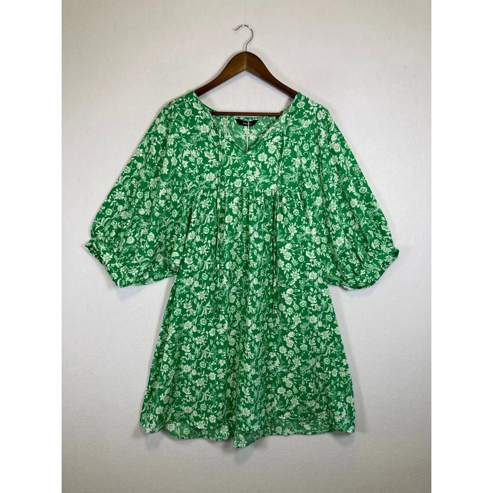 Cottagecore Dokotoo Women Large Green White Floral Puff Sleeve V-Neck Mini Dress - Picture 1 of 14